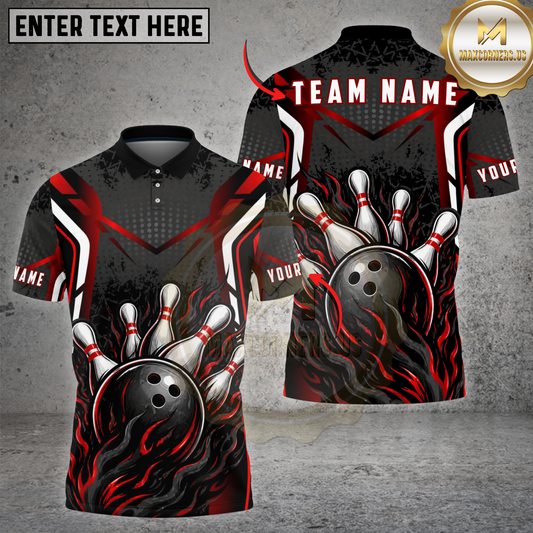 Maxcorners Bowling Strike Flame Shirt Fire Ball Pins Design Multicolor Options Personalized Name, Team Name 3D Shirt (4 Colors)