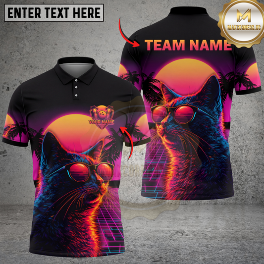 Maxcorners Neon Cat Bowling Shirt Synthwave Grid Aesthetic Multicolor Options Personalized Name, Team Name 3D Shirt (4 Colors)