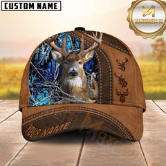 Maxcorners Deer Hunting Rustic Brown Leather & Center Camo Panel Pattern Personalized Name 3D Cap (6 Colors)