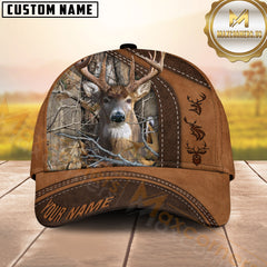 Maxcorners Deer Hunting Rustic Brown Leather & Center Camo Panel Pattern Personalized Name 3D Cap (6 Colors)