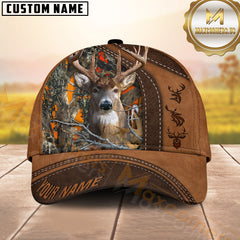 Maxcorners Deer Hunting Rustic Brown Leather & Center Camo Panel Pattern Personalized Name 3D Cap (6 Colors)