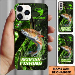 Maxcorners Redfish Fishing Green Flame Splash Golden Line Personalized Name 3D Phone Case