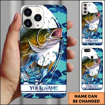 Maxcorners Walleye Fishing Phone Case Jumping Blue Camo Water Splash Personalized Name 3D Phone Case