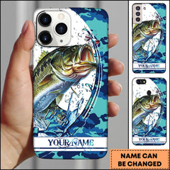 Maxcorners Bass Fishing Phone Case Jumping Blue Camo Water Splash Personalized Name 3D Phone Case