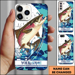 Maxcorners Salmon Fishing Phone Case Jumping Blue Camo Water Splash Personalized Name 3D Phone Case