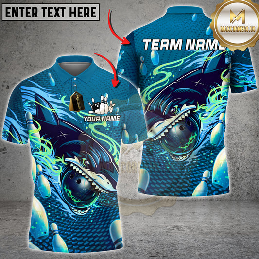 Maxcorners Bowling Shark Striking Ball Neon Ocean Style Multicolor Options Personalized Name, Team Name 3D Shirt (4 Colors)