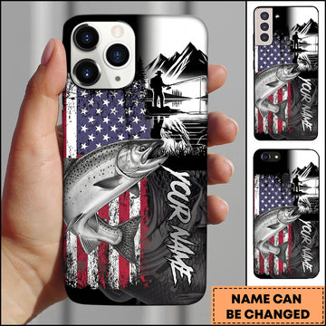 Maxcorners Chinook Fishing Patriotic USA Flag Mountain Angler Silhouette Personalized Name Phone Case