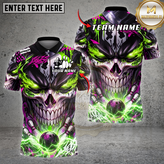 Maxcorners Bowling Shirt Neon Skull Electric Energy Bowling Ball Dark Graphic Multicolor Options Personalized Name, Team Name 3D Shirt (4 Colors)