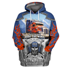 Maxcorners Blue & Red Fire Trucker 3D All Over Printed Hoodie, 3D Zipper Hoodie