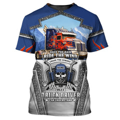 Maxcorners Blue & Red Fire Trucker 3D All Over Printed Personalized Name T-Shirt