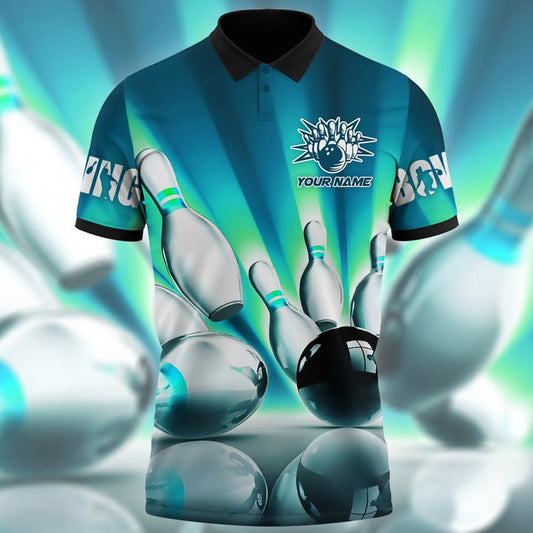Maxcorners Bowling Ball And Pins Classic Multicolor Customized Name 3D Polo Shirt