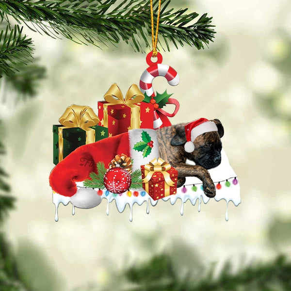 MAXCORNERS BRINDLE BOXER1 MERRY CHRISTMAS HANGING ORNAMENT