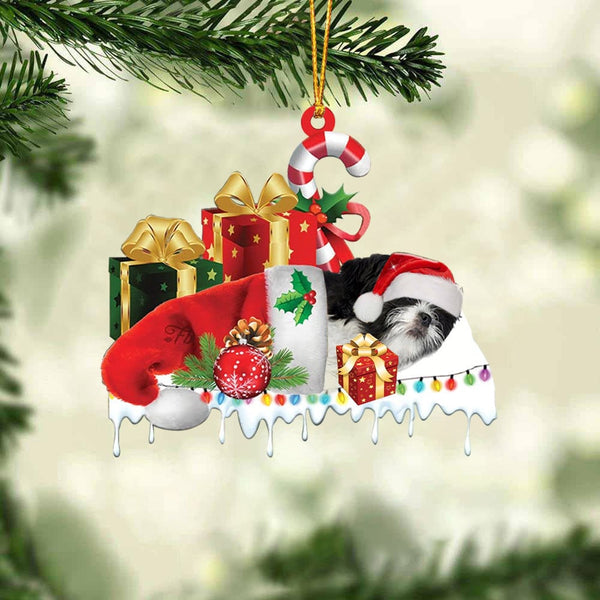 MAXCORNERS BLACK AND WHITE SHIH TZU MERRY CHRISTMAS HANGING ORNAMENT
