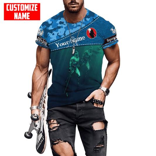 Maxcorners Scuba Diving Blue Camo Pattern Customized Name All Over Printed Shirt