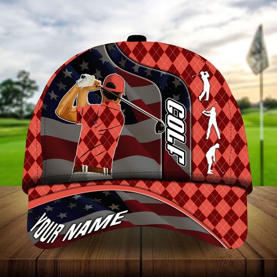 Maxcorners Golf Premium Argyle American Flag Personalized Name All Over Printed Cap