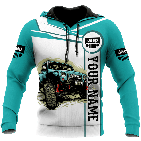 Maxcorners Jeep Car 3D Cyan Personalized Name Hoodie