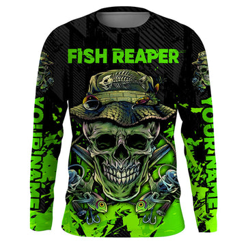 Maxcorner Halloween Fish Reaper Skull Black And Neon Green Custom Fishing 3D shirt
