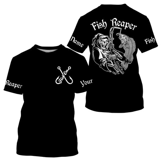 Black Fish Reaper Fish On Fish Skeleton Customize Name Unisex Fishing Shirt