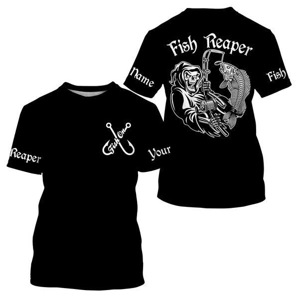 Black Fish Reaper Fish On Fish Skeleton Customize Name Unisex Fishing Shirt
