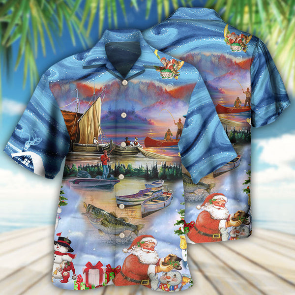Maxcorners Fishing And Santa Claus Merry Christmas Happy Hawaiian Shirt