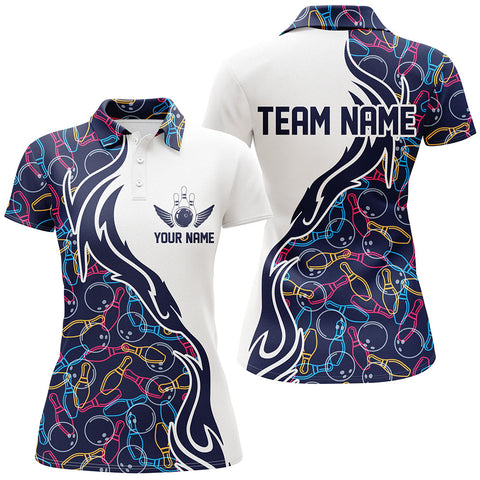 Maxcorners Multicolor Bowling Ball And Pins Pattern Classic Customized Name All Over Printed Shirt For Women