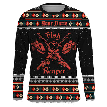 Max Corner Fishing Fish Reaper Ugly Sweater Pattern Custom Long sleeve Fishing Shirts  Personalized Christmas Fishing gifts