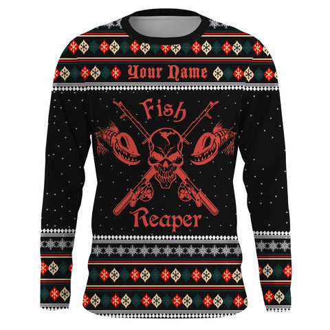 Max Corner Fishing Fish Reaper Ugly Sweater Pattern Custom Long sleeve Fishing Shirts  Personalized Christmas Fishing gifts