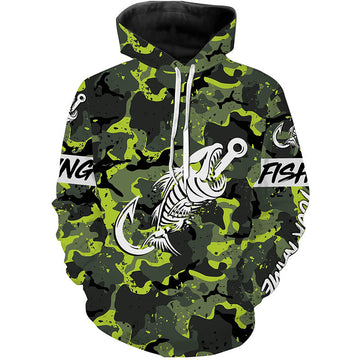 Max Corners Fish hook skull Green Camo fish reaper Custom name fishing 3D Hoodie