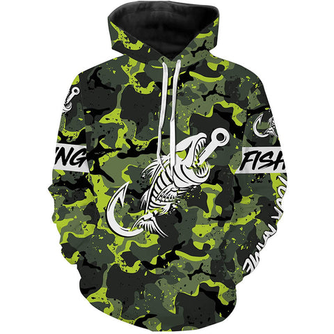 Max Corners Fish hook skull Green Camo fish reaper Custom name fishing 3D Hoodie