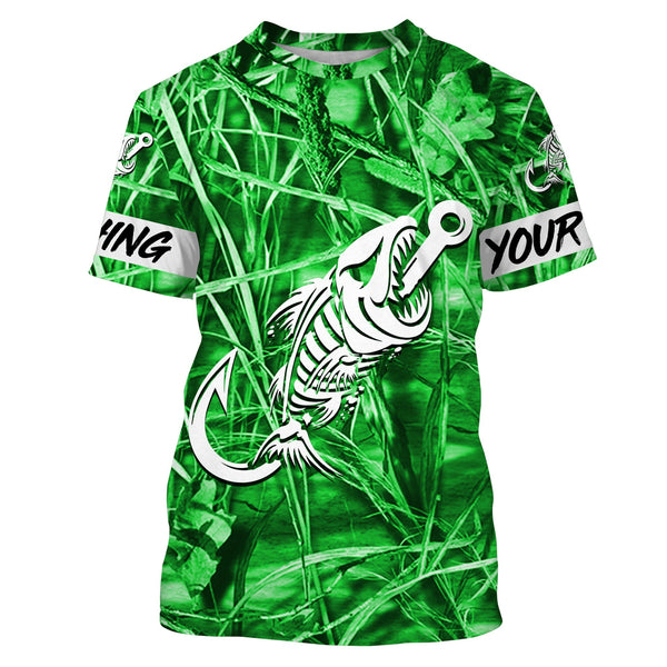 Green Camo Fishing Shirt Fish Hook Skull Custom Name Performance Fishing Shirt