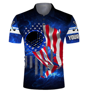 Max Corner Mens patriot golf polos Golf ball blue galaxy universe American flag, custom gifts for golf lovers