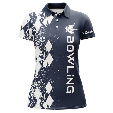 Maxcorners Dark Blue Bowling Argyle Bowling Pattern Premium Customized Name 3D Shirt For Women