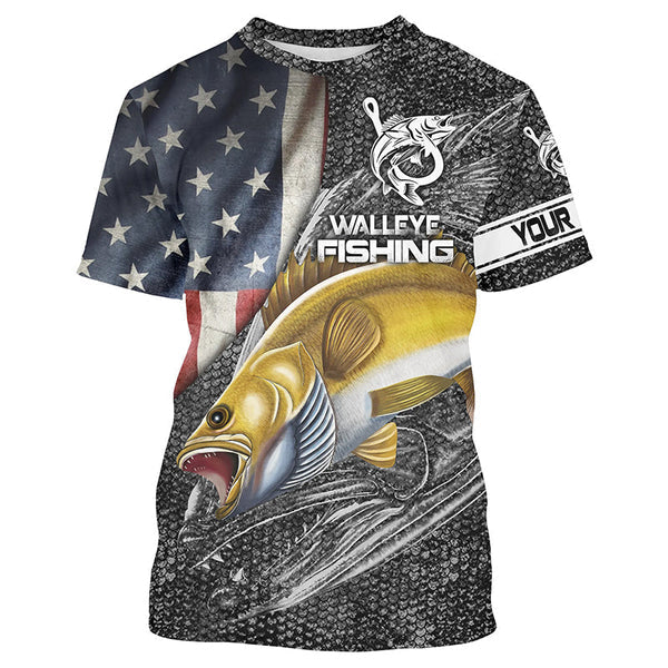 Maxcorner Walleye Fishing American Flag Patriotic Custome Name  3D shirt