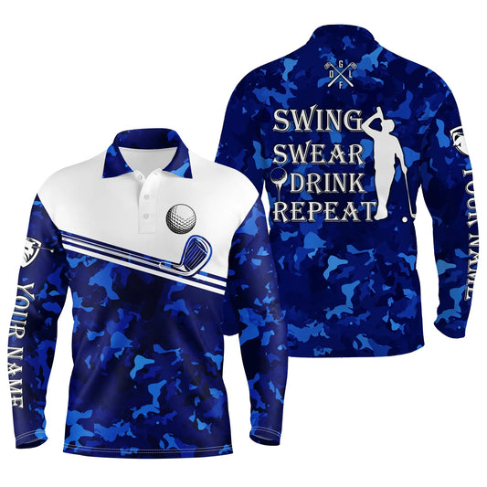 Max Corner Mens golf polo shirt swing swear drink repeat custom name blue camo white men golf shirts