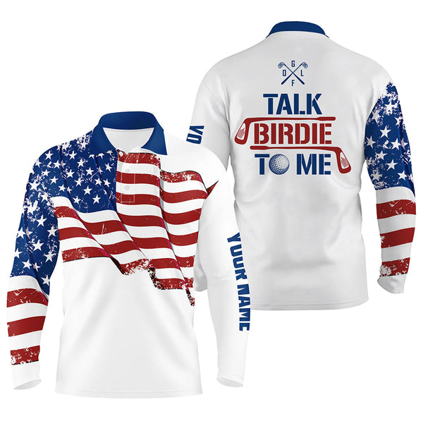 Max Corner Funny Mens golf polo shirt custom American flag patriotic white golf shirts talk birdie to me