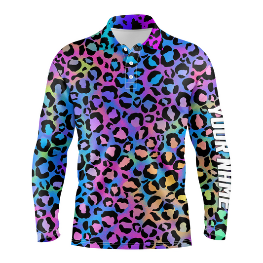 Max Corner Colorful neon gradient leopard mens golf polo shirts, custom pattern golf shirt for men