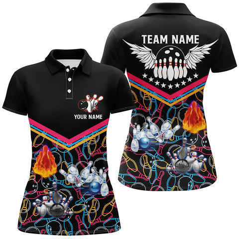 Maxcorners Multicolor Pattern Black Bowling Customized Name All Over Printed Shirt For Women