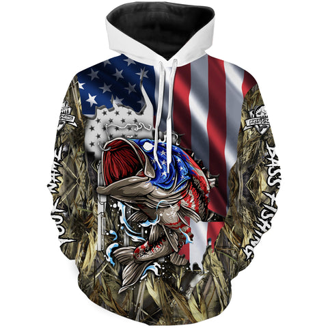 Max Corners American flag patriotic Largemouth Bass camo 3D Hoodie