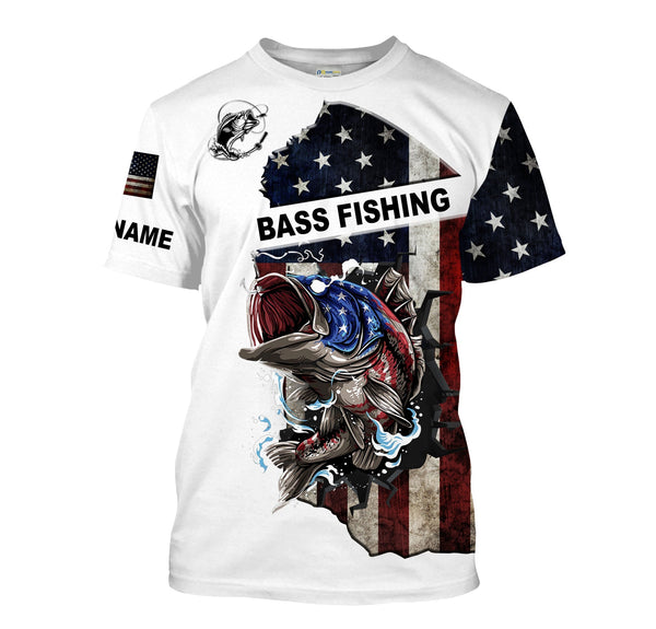 American Flag Largemouth Bass Patriotic Fishing Customize Name Unisex Fishing Shirt