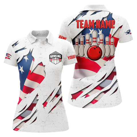 Maxcorners American Flag Patriotic Bowling Ball & Pins White Personalized All Over Printed Shirt For Women