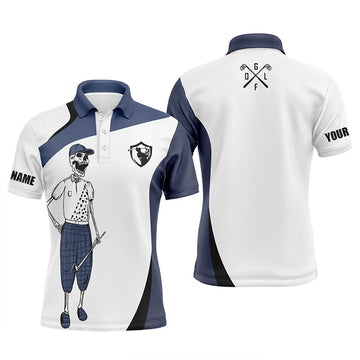 Max Corner Blue and white Mens golf polos shirts custom name funny golf skull golf shirt, golfing gift for him