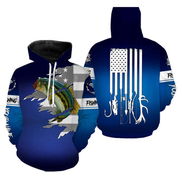 Max Corners Largemouth Bass Fishing American flag patriotic blue color Custom Name fishing Hoodie