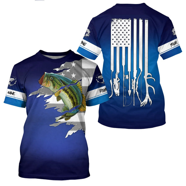 Largemouth Bass Fishing American Flag Patriotic Blue Color Custom Name 3D Shirt