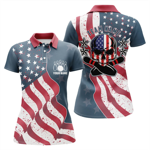 Maxcorners Vintage American Flag Patriotic Skull Bowling Premium Customized Name 3D Shirt For Women