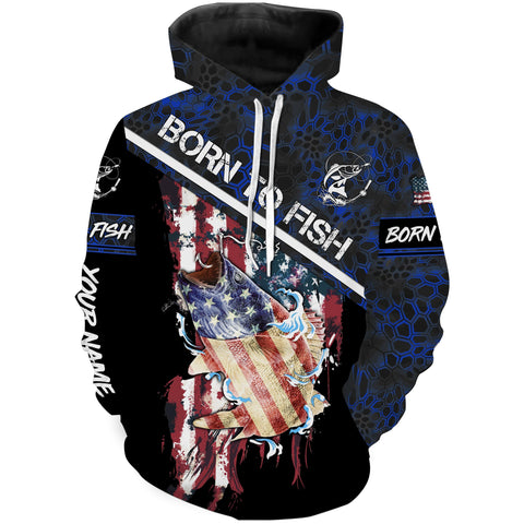 Max Corners "Born To Fish" American Flag Walleye fishing blue camo Custom name fishing 3D Hoodie
