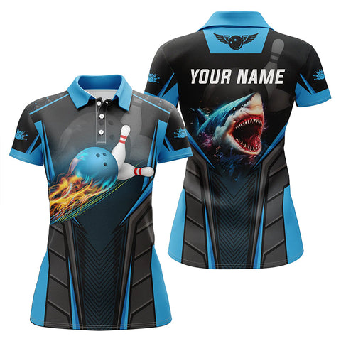 Maxcorners Cyan Bowling Fire Shark Customized Name All Over Printed Shirt For Women