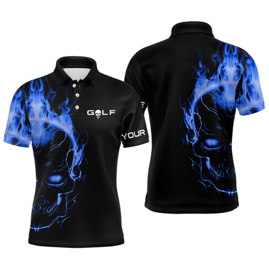 Max Corner Blue fire skull black golf shirts custom Mens golf polo shirts