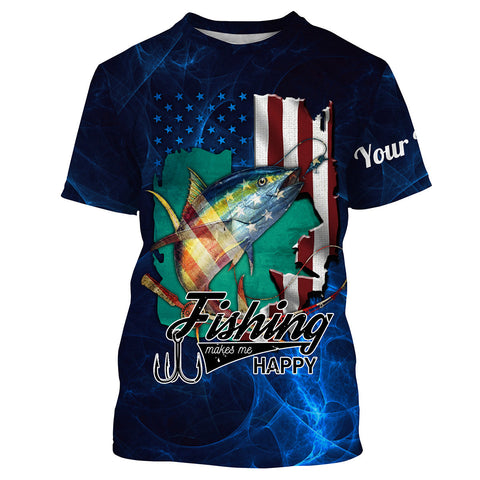 Fishing Makes Me Happy American Flag Yellowfin Tuna Fishing Custom Name Shirt