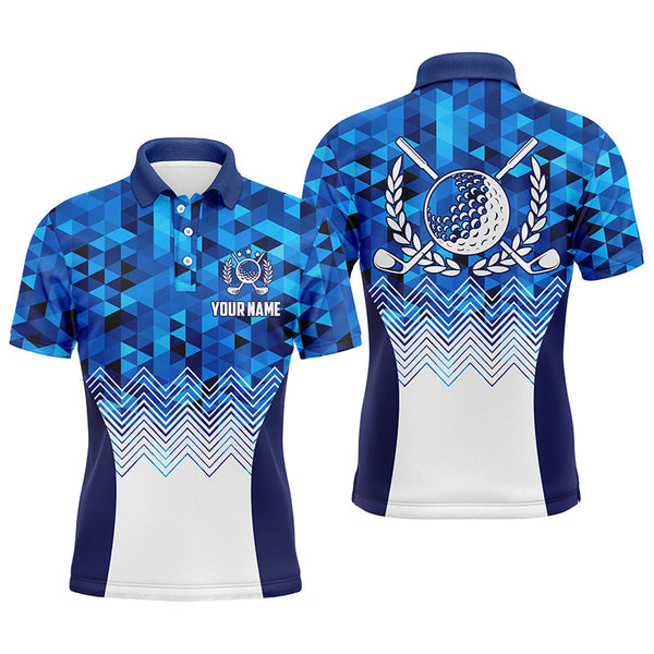 Max Corner Mens Blue Geometric Golf Polo Shirts Custom Triangle Pattern Golf Shirts For Men, Cool Golf Gifts