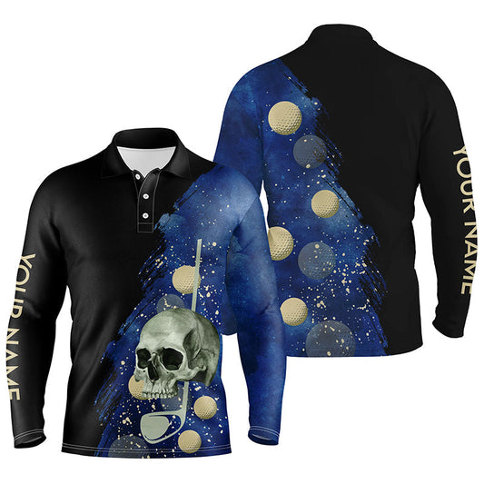 Max Corner Water Color Golf Skull With Golf Ball Mens Polo Shirt, Custom Name Black Blue Golf Shirts For Men